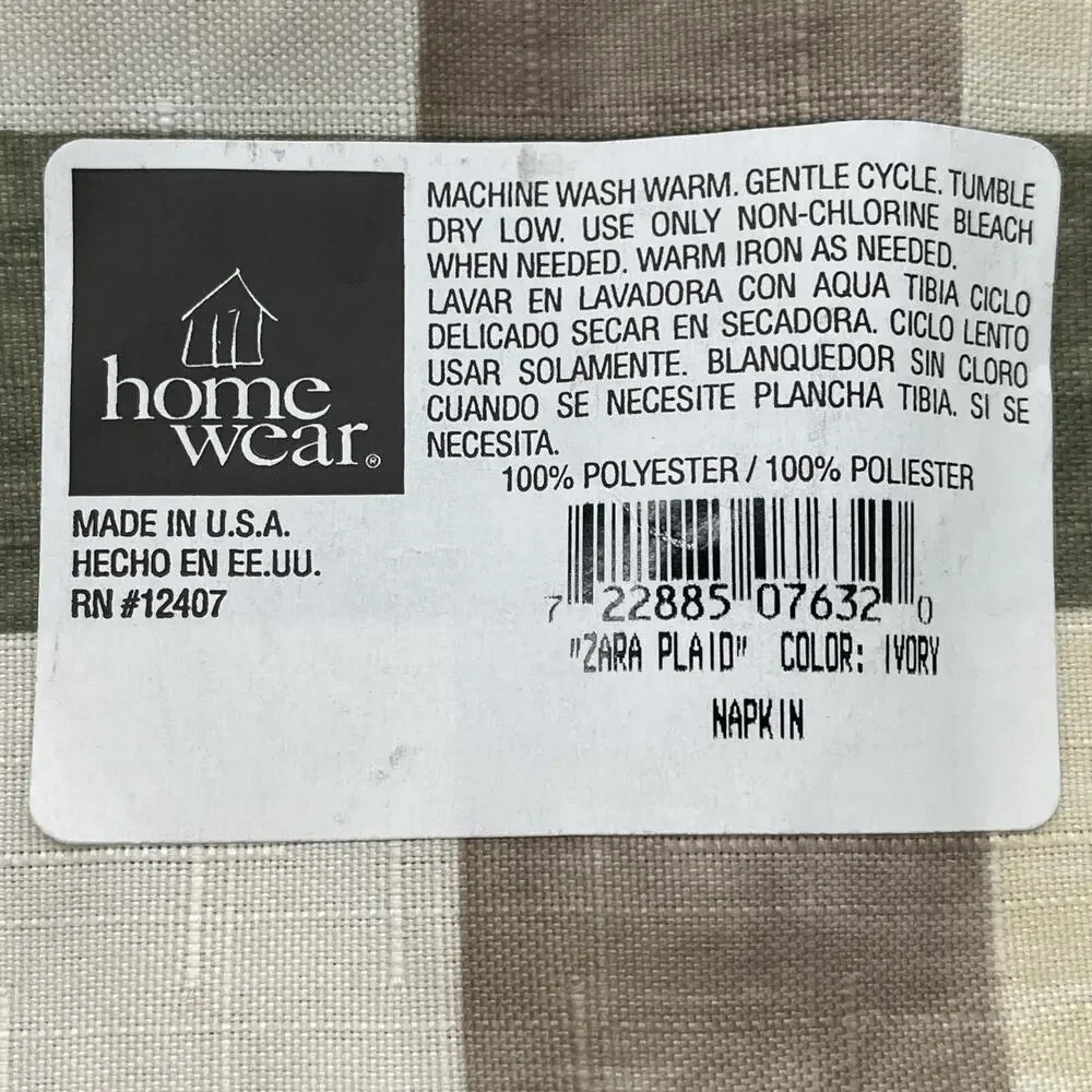 Vintage Set Of 6 Home Wear Plaid Cloth Napkins Ivory Polyester Green Brown 18x18